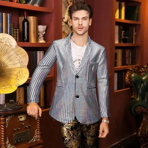 Vista 2 de BBAUER Trajes de lentejuelas, blazers inteligentes con muescas ligeras con botones regulares, blazer de lentejuelas con purpurina para club