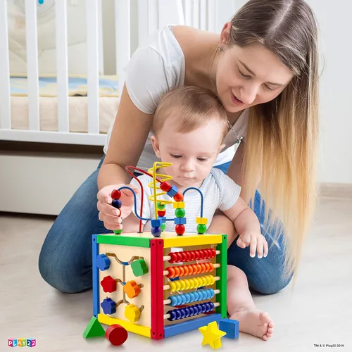 Vista 3 de Cubo de actividades de madera para bebé 6+ M - 6 en 1 juguete de aprendizaje, 8 tazas apilables