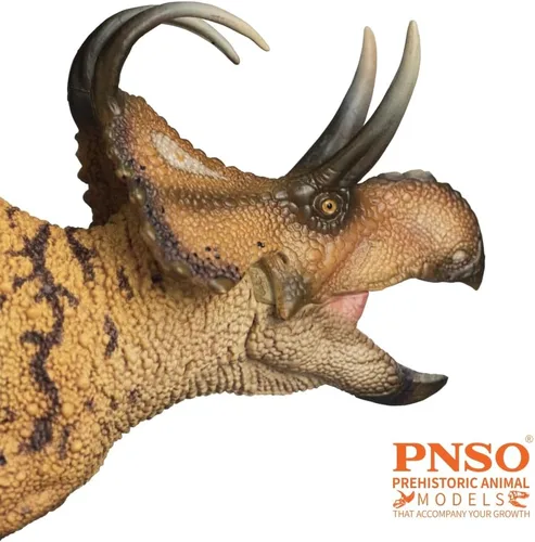 Vista 6 de PNSO Modelos de dinosaurios prehistóricos (41 Perez The Machairoceratops) 6.2" Ceratopsian Model - Curved Frill Horns - Long Brow Horns - Hooked