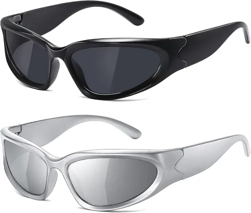 Vista 13 de JASPIN Y2K Gafas de Sol Envolventes para Mujeres y Hombres, Plata, Ovaladas, de Moda, Deportivas, con Protección UV A1/Negro+plateado+gris