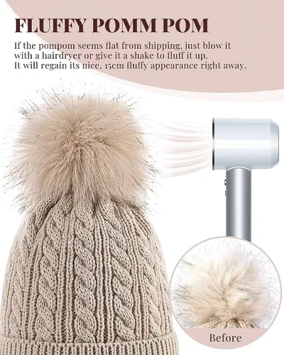 Vista 5 de Alepo Gorro de invierno para mujer, cálido forro polar, tejido suave, con pompón