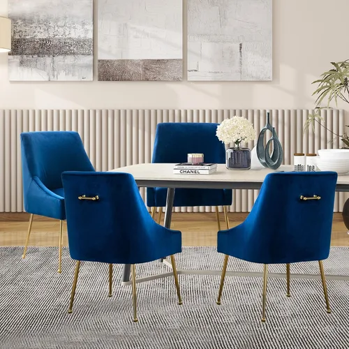 Vista 6 de Juego de 2 sillas de comedor de terciopelo, sillas de comedor tapizadas con patas de metal dorado pulido, sillas auxiliares de cocina de granja, Azul