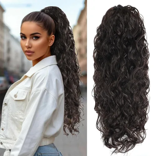 Vista 9 de Icono de la moda - Extensión de cola de caballo rizada ondulada con clip, cabello real, cola de caballo negra, extensiones de cordón con clip