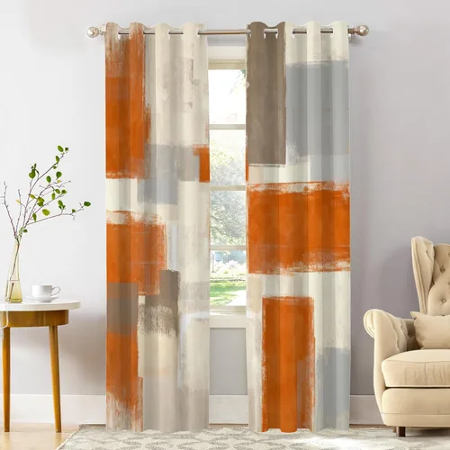 Vista 138 de Shrahala Beige and Orange Abstract Art Brushstrokes Blackout Curtain Tiers, Abstract Oil Paint Kitchen Valance Light Blocking Tier Drapes with Rod