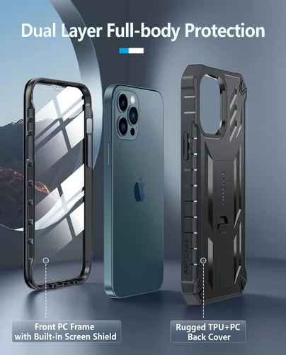 Vista 2 de FNTCASE Funda para iPhone 12 Pro-Max: con [protector de pantalla y soporte integrados] [protección contra caídas de grado militar] Funda protectora