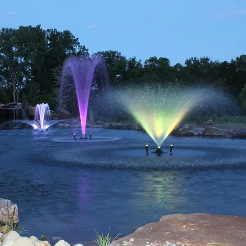 Vista 5 de Fuente flotante y aireador de 1/2 HP para estanques y lagos con cable de 100 pies 6,100 GPH, 9 spray patterns, Color-changing LED lights