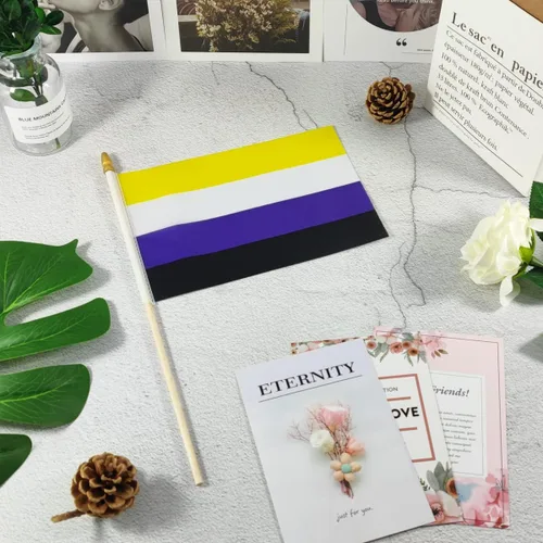 Vista 4 de Newperlite Nonbinary NB Pride Stick - Banderas pequeñas de mano LGBT - Poste de madera maciza y parte superior de lanza, paquete de 12, 5 x 8