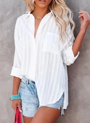 Vista 4 de Astylish - Camisa a rayas para mujer con cuello en V, mangas enrollables y botones