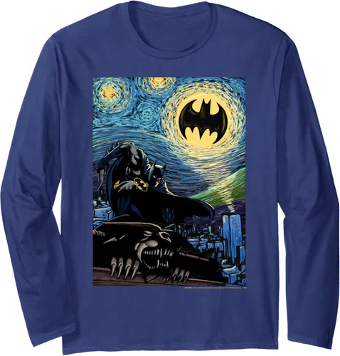 Vista 6 de DC Comics Batman Starry Night Style Painting Camiseta de manga larga Negro