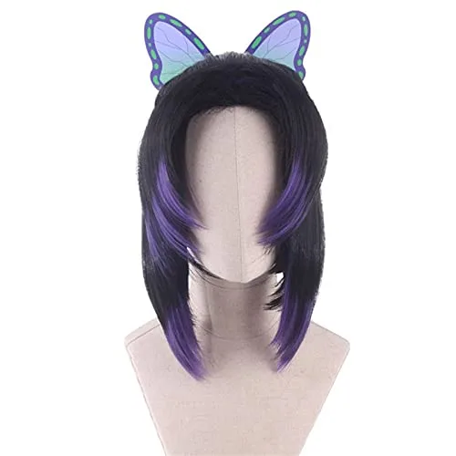 Vista 4 de BYOOTI Peluca de cosplay de anime Demon Slayer Kochou Shinobu de Kochou Shinobu, color morado degradado, Kimetsu no Yaiba, pelucas de disfraz