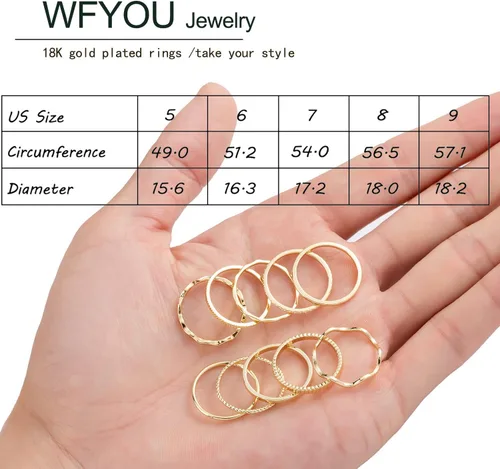 Vista 6 de WFYOU 10 anillos simples chapados en oro de 18 quilates de 0.039-0.079 in para mujeres y niñas, anillos midi apilables de nudillos, elegantes