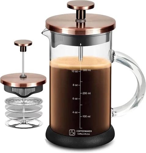 Vista 9 de YMMIND Cafetera de prensa francesa de 12 onzas, cafetera de té espresso con sistema de 4 filtros, émbolo de acero inoxidable y vidrio de Negro