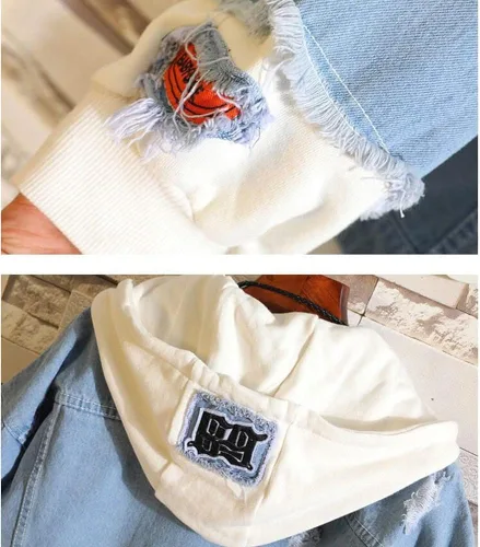 Vista 5 de Juejuezi Chaqueta de mezclilla unisex de una pieza de Luffy Anime Trafalgar Law Cosplay Casual Distressed Jean Chaqueta Abrigo para Halloween