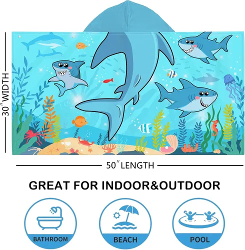 Vista 6 de Bonsai Tree Toalla de playa con capucha de tiburón para niños, toalla de baño con capucha de peces marinos frescos para niños, divertidos animales