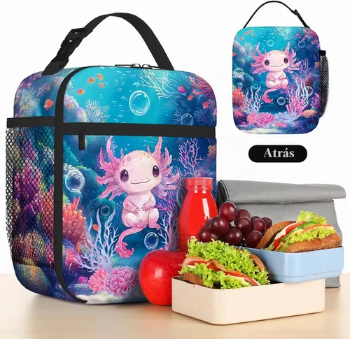 Vista 4 de Axolotls - Lonchera para niñas y niños, con diseño de animales del océano azul, reutilizable, aislada, impermeable, a prueba de fugas, térmica