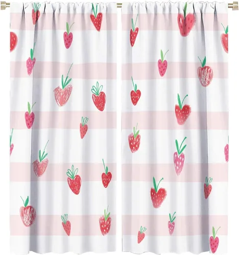 Vista 25 de Cortinas bohemias con diseño de fresas, bonitas cortinas bohemias con bolsillo para barra de fruta, tratamiento de ventana para cocina, sala