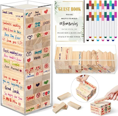 Vista 8 de Beeveer 80 piezas Libro de invitados para boda alternativo en bloque de madera para cartel de boda, decoración de despedida de soltera, 54 piezas