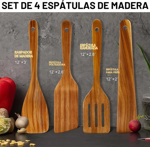Vista 4 de Espátula de madera de acacia para cocinar cuchara no tóxica juego de 4 piezas