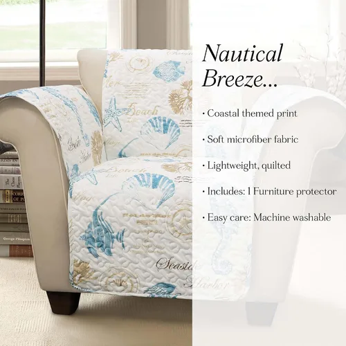 Vista 6 de Lush Decor Harbor Life Furniture Protector, Arm Chair, 71" W x 75" L, Blue & Taupe - Chair Cover - Nautical - Armchair Covers - Coastal Decor