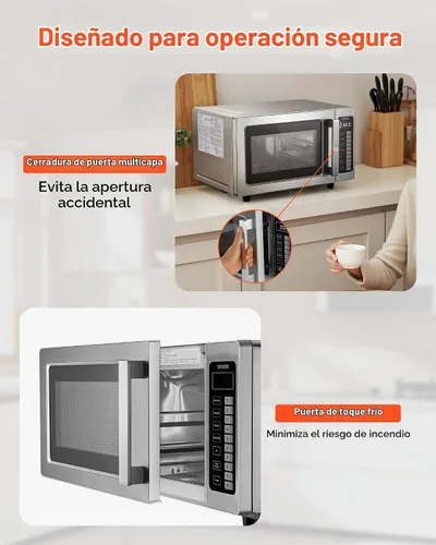 Vista 6 de VEVOR Horno microondas comercial, 0.9 pies cúbicos, 1000W Horno microondas digital de acero inoxidable para encimera con pantalla táctil, 10 ajustes