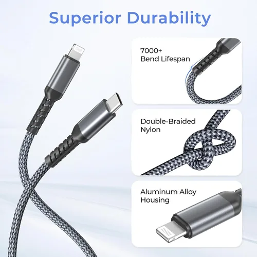 Vista 3 de Basesailor - Cable cargador corto de 1 pie para iPhone 14 13, cable USB C a Lightning con adaptador USB A, cable de carga rápida para Apple iPhone
