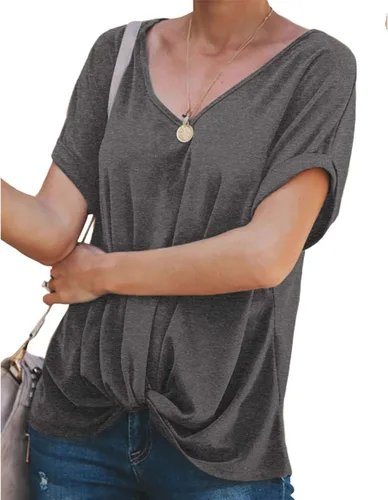 Vista 4 de Bofell Camisetas de manga corta enrolladas con cuello en V para mujer, blusas de verano con nudo frontal
