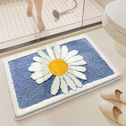 Vista 2 de Tapete de baño suave con diseño de margarita, divertido tapete de baño antideslizante absorbente de agua, lavable a máquina (azul)
