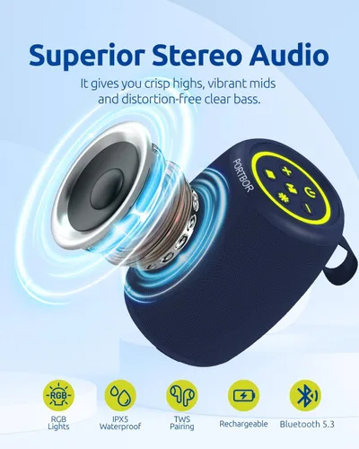 Vista 2 de Altavoz Bluetooth, altavoz inalámbrico portátil con sonido fuerte estéreo, BT5.3, IPX5 impermeable, emparejamiento TWS, para fiestas en casa al aire