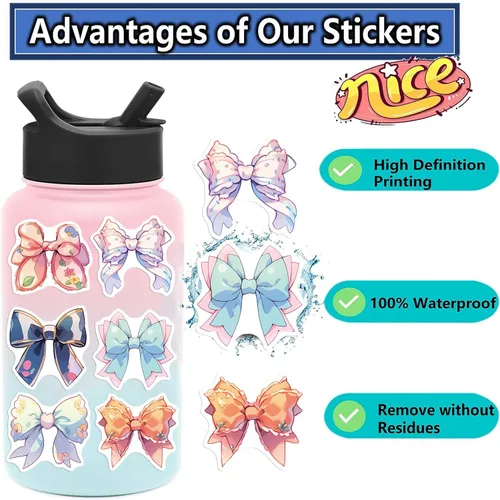 Vista 3 de Calcomanías estéticas de lazos para niñas, 50 calcomanías vintage de anime con nudo de lazo, vinilo impermeable con lazos rosas para botella de Arcos