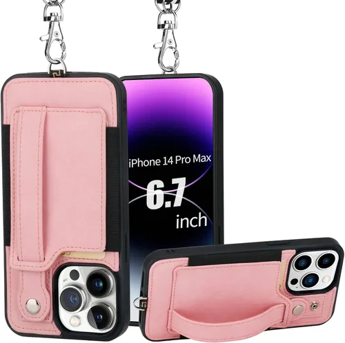 Vista 14 de TOOVREN Funda para teléfono compatible con iPhone 14 Plus, compatible con iPhone 14 Plus, funda con correa para tarjetero, cordón de cuero para Negro