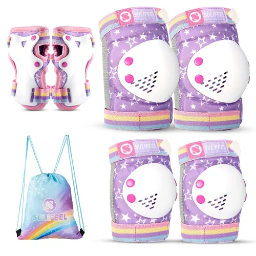 Vista 8 de Rodilleras de arcoíris y unicornio para niños, coderas, muñequeras con bolsa de cordón, juego de equipo de protección ajustable para niñas, patinaje