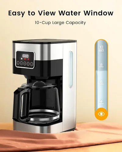 Vista 3 de Cafetera de 10 tazas, cafetera programable por goteo con cafetera de cristal, cafetera de acero inoxidable con temporizador y control de fuerza