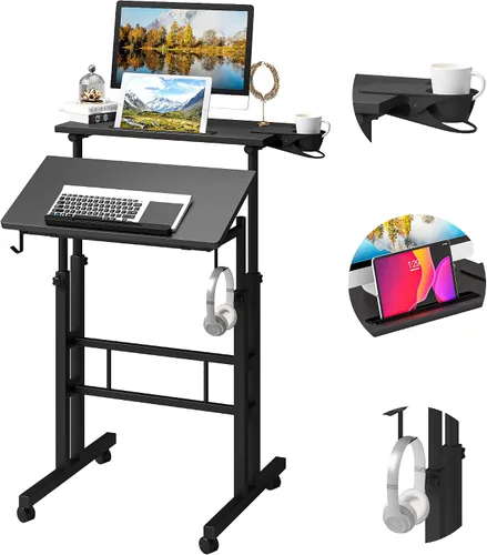 Vista 11 de Klvied Escritorio móvil rodante con soporte para tazas, portátil, altura ajustable, pequeño escritorio de pie con ruedas para oficina en casa, Roble