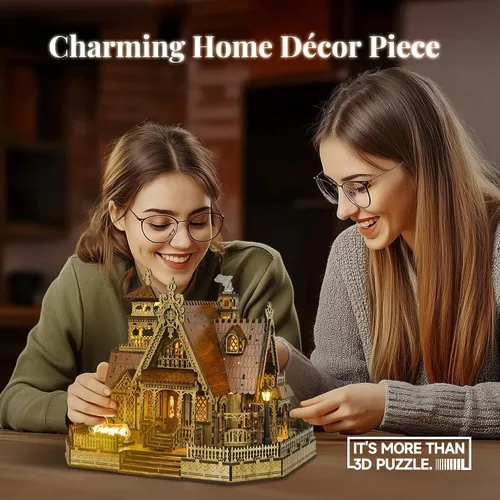 Vista 6 de FUNPOLA Rompecabezas de madera 3D modelo de casa de campo – Kit de construcción en miniatura con luces LED de chispa – Arquitectura rural
