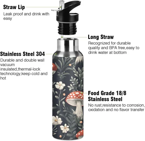 Vista 3 de Insulated Water Bottle 32 Oz, Leakproof Water Bottles for Gym Outdoor Travel School, Red Mushrooms White Flowers