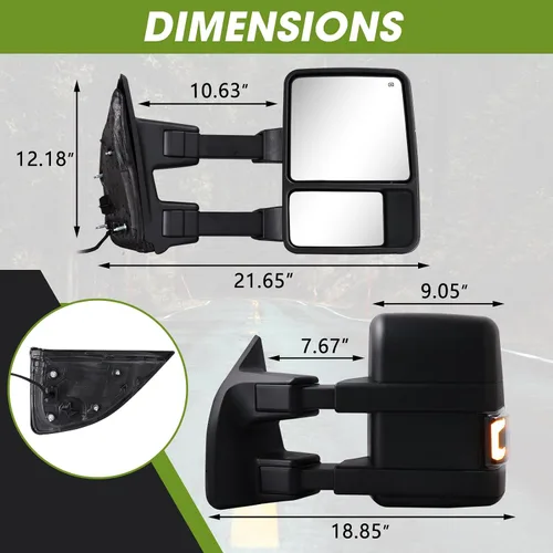 Vista 7 de Espejos de remolque Siziom para Ford F250 F350 F450 F550 Super Duty 1999-2016/2000-2005 Ford Excursion con juego de par de espejos laterales con luz