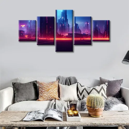 Vista 186 de Cuadros de 5 paneles de Cyberpunk City, arte de pared, representación de vallas publicitarias, edificios modernos en la capital con obras de arte
