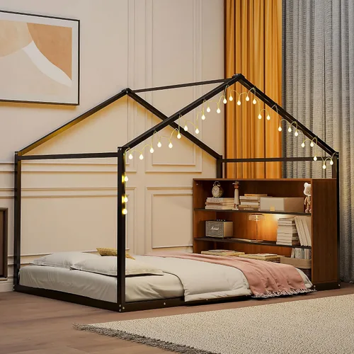 Vista 3 de Cama juguetona en forma de casa de tamaño matrimonial con estantes y luces, marco de cama de metal con techo para niños, adolescentes y adultos, un