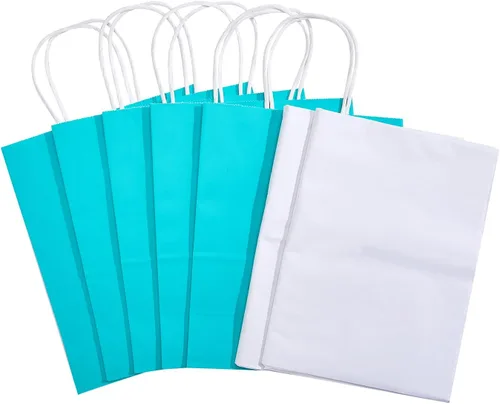 Vista 7 de DjinnGlory Paquete de 50 bolsas de regalo de papel azul turquesa de tamaño mediano con asas de 10 x 8 x 4 pulgadas y 50 papel de seda blanco