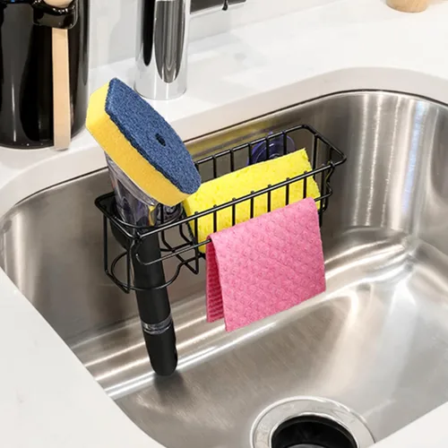 Vista 6 de Soporte de esponja 3 en 1 para fregadero de cocina, 2 opciones de suspensión (ventosas y gancho adhesivo), organizador de fregadero colgante