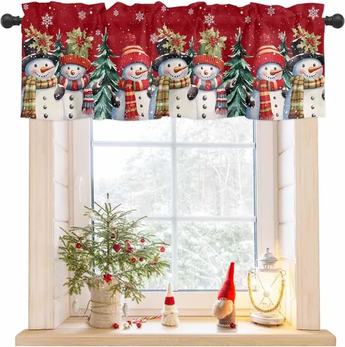 Vista 8 de Cenefa de Navidad para ventanas, cortinas de muñeco de nieve, cenefas con bolsillo para barra, tratamientos de ventana, cortinas cortas azules