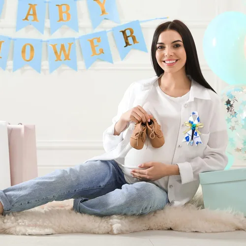 Vista 5 de Jexine 50 piezas de broche con lazo para baby shower, broche de cinta con chupete azul y oso para decoración de fiesta de revelación de género