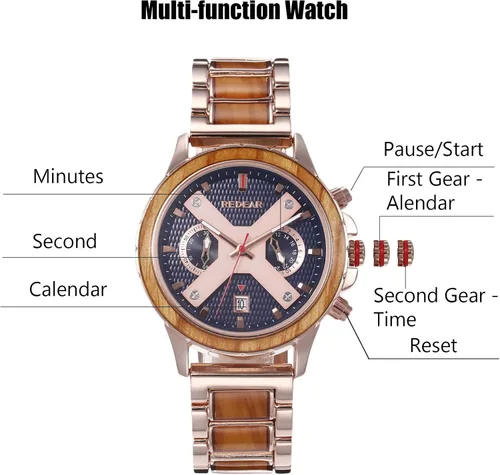 Vista 3 de RORIOS Reloj de madera para hombre multifunción cronógrafo reloj de madera natural hecho a mano reloj de cuarzo impermeable para hombre