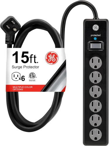 Vista 16 de GE Protector contra Sobretensiones con Regleta de Enchufes, Cable de Extensión de 4 Pies, Extensor de 6 Tomas, 800 Julios, Enchufe Plano, Cubiertas