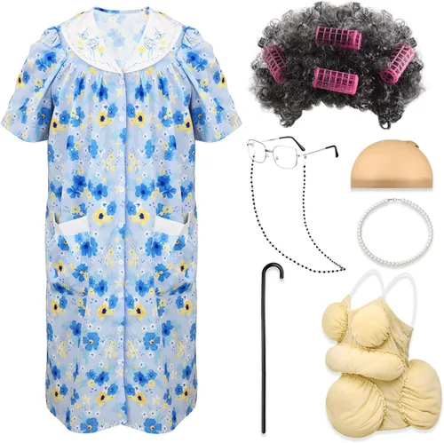 Vista 8 de Yaomiao Juego de 8 piezas de disfraz de anciana para mujer, trajes de abuela, trajes de vestido de manga corta, túnica de abuelita, peluca con muleta