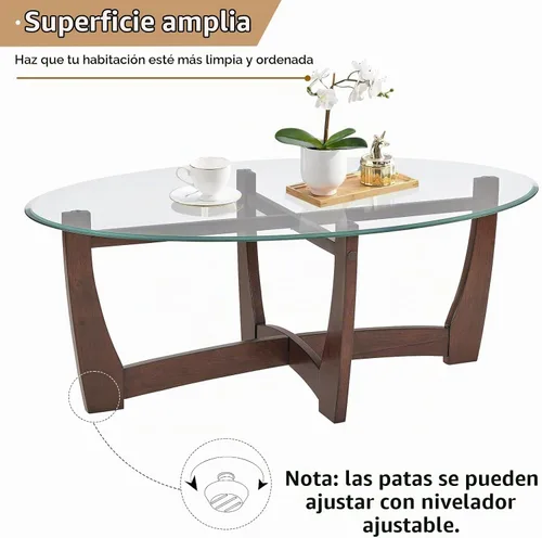 Vista 7 de Mesa de centro ovalada de vidrio de 48 pulgadas con cruz de vidrio templado y base de madera maciza, mesa central simple y moderna para sala