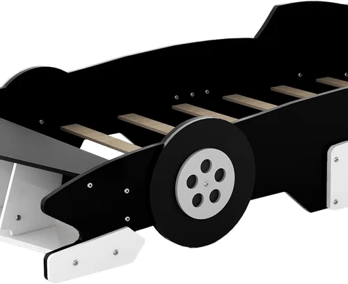 Vista 7 de Cama de plataforma en forma de auto de carreras de tamaño individual con ruedas, plataforma de madera con soporte de listones resistentes y rieles
