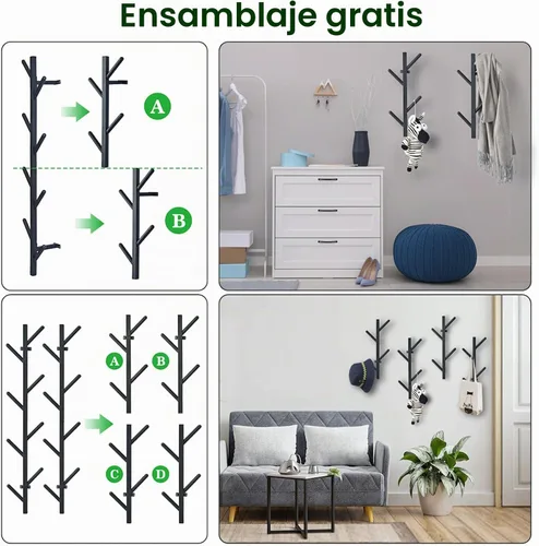 Vista 3 de Juego de 2 percheros negros para pared, perchero para ropa, bolsos, gorras, ganchos verticales de metal para sala de estar, dormitorio, entrada