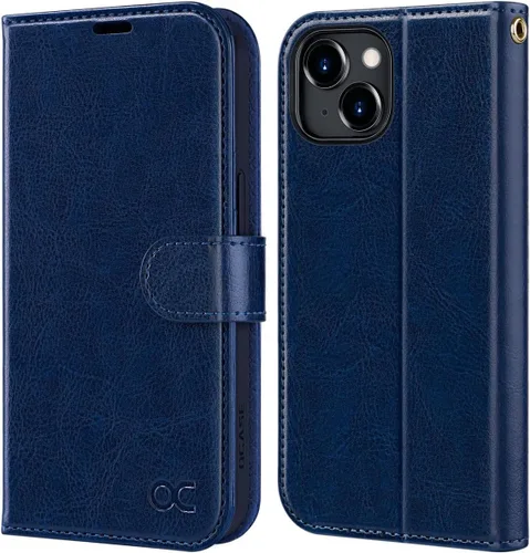 Vista 14 de OCASE Funda tipo cartera compatible con iPhone 15 Plus, de piel sintética, con tarjetero, bloqueo RFID, soporte para teléfono