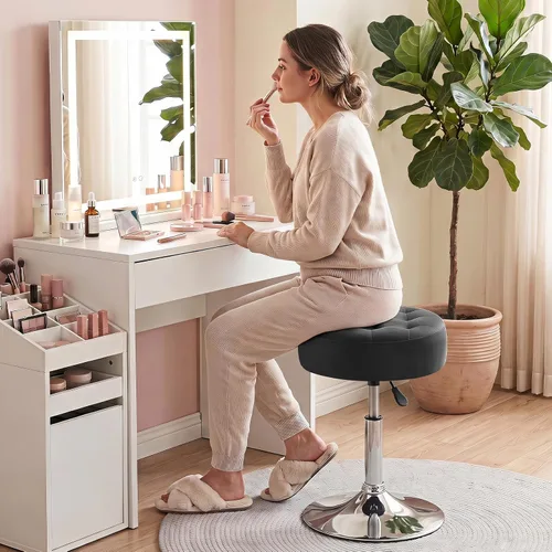 Vista 2 de Furniliving Taburete Otomano de Maquillaje de Terciopelo Acolchado de Mediados de Siglo, Silla Taburete de Tocador Giratoria Redonda Ajustable